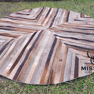 Round BROWN GRAY STRIPES Patchwork Cowhide Rug