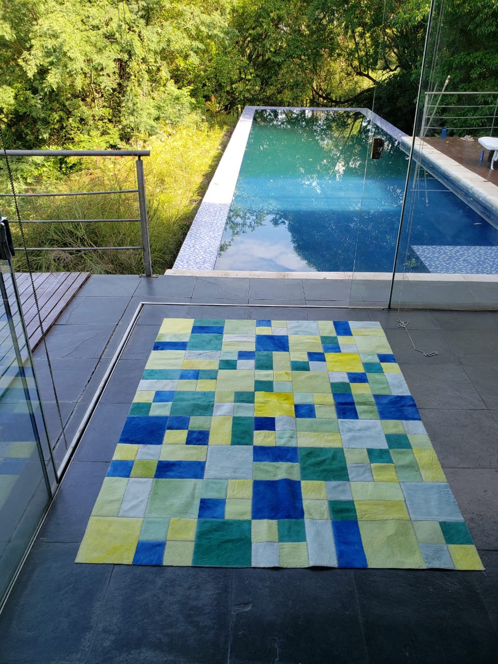 Cowhide Patchwork Rug. Dyed. BLUE GREEN YELLOW. Unique 4.6 Ft Etsy