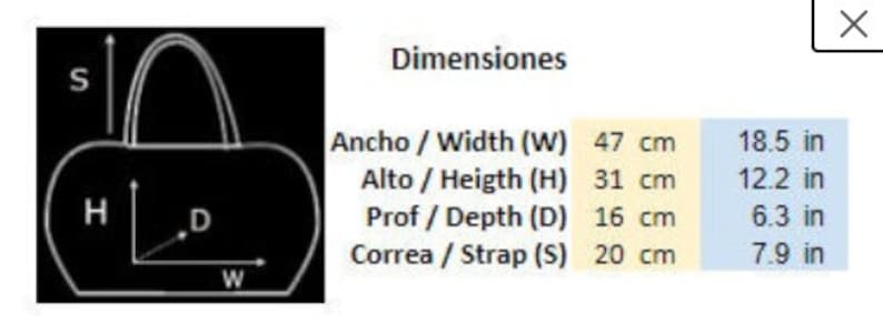 May include: Diagram showing the dimensions of a handbag. The measurements are in centimeters and inches. Width: 47 cm / 18.5 in, Height: 31 cm / 12.2 in, Depth: 16 cm / 6.3 in, Strap: 20 cm / 7.9 in.