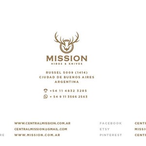 May include: A logo for a business called "Mission Hides & Knives". The logo features a stylized deer head with antlers. The business address is Russel 5009 (1414), Ciudad de Buenos Aires, Argentina. The phone number is +54 11 4832 3285. The business also has a website, www.centralmission.com.ar, and social media accounts on Facebook, Etsy, and Pinterest.