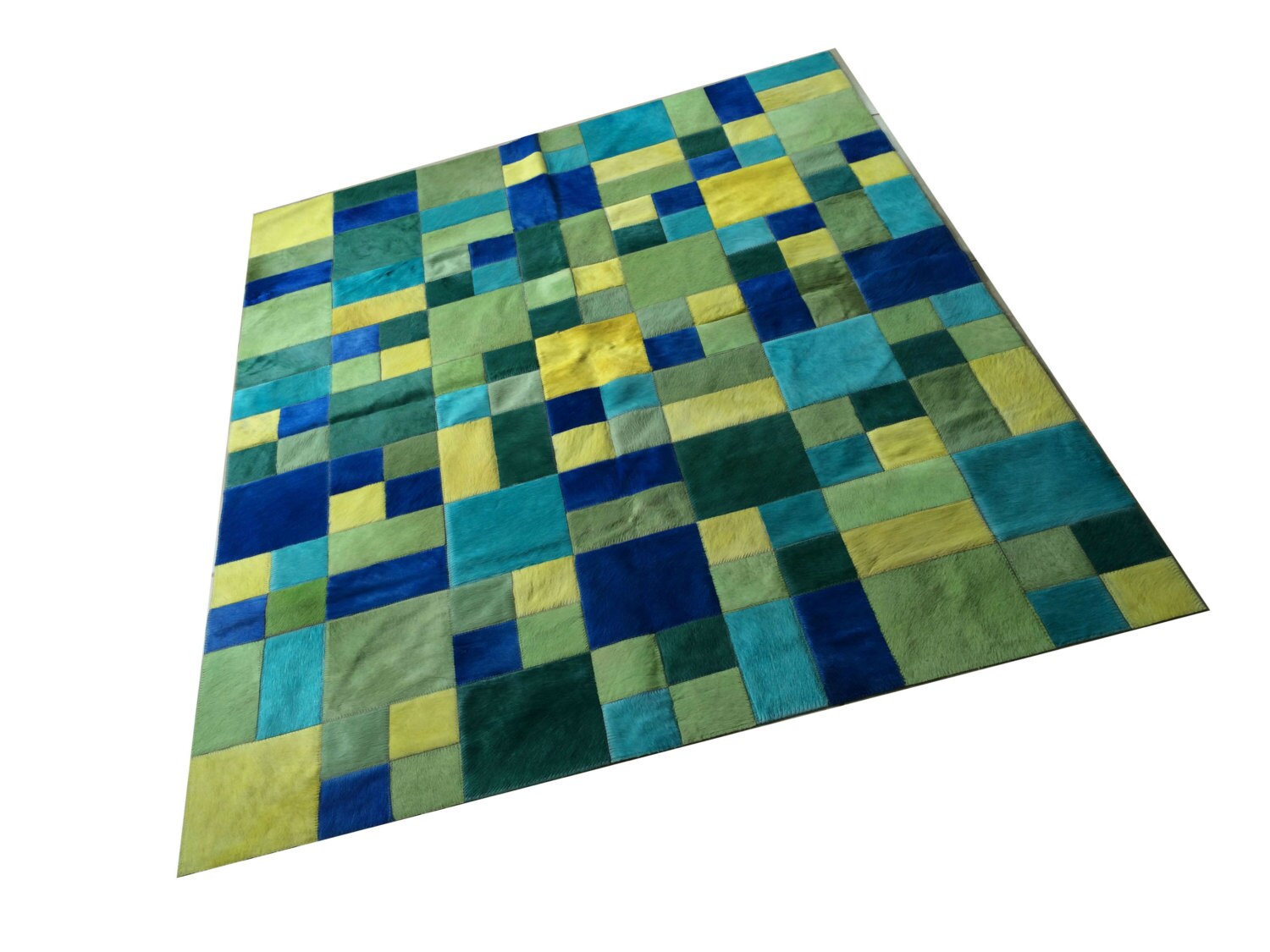Cowhide Patchwork Rug. Dyed. BLUE GREEN YELLOW. Unique 4.6 Ft Etsy