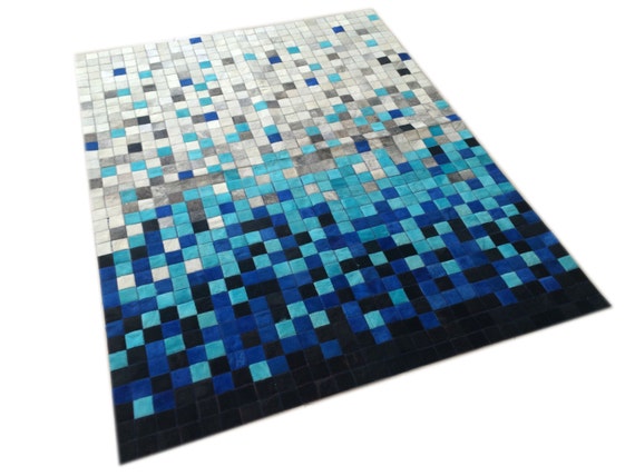 Cowhide Patchwork Rug. BLUE FADE!! Amazing Design!. 4.6 ft x 6 ft  / 2" Squares