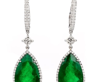 Certified GIA Colombian Emerald Diamond 18K Gold Dangle Drop Earrings