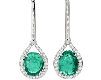 Double Cabochon Emerald Diamond 18k Gold  Drop Dangle Earrings