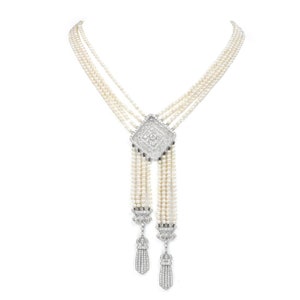 Vintage Diamond Pearl 18K White Gold Filigree Tassel Dangle Drop Necklace