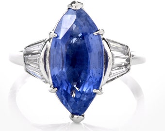 Burma No Heat Sapphire AGL Diamond Platinum Marquise Ring