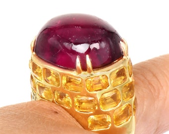 Lilli Designer Himbeer Turmalin Gelb Saphir 18K Gold Retro Cocktail Ring