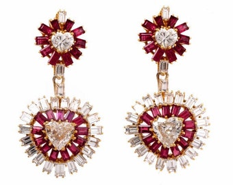 Estate Heart Diamond Ruby Gold Day & Night Drop Earrings, #588611