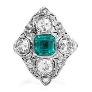 Antique Colombian Emerald 5.30ctw Old Mine Cut Diamond Filigree Cocktail Ring Platinum