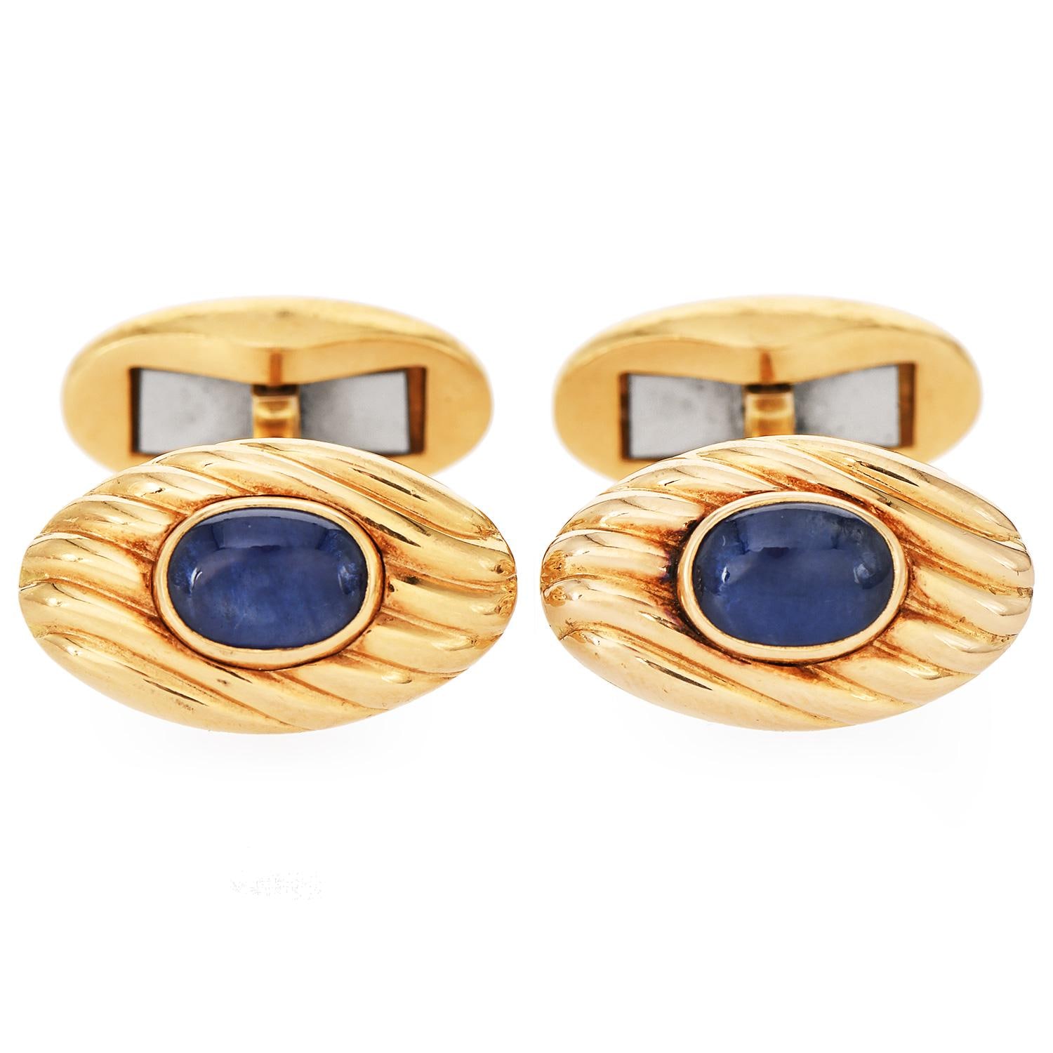 Boutons De Manchette Saphir Bleu Naturel Or Jaune 14 Carats - Cabochon - Neuf Sous Emballage - Fait Main