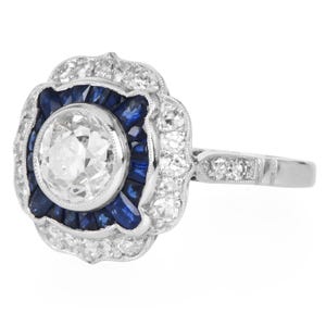 Art Deco Platinum Engagement Ring: 1.42ct Old European Cut Diamond, Sapphire Halo