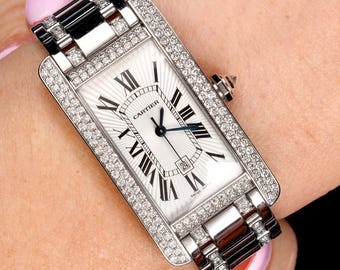 Relógio Cartier Tank Americaine Ref. 2940 – Ouro Branco 18K Unissex Automático com Diamantes de Fábrica, 27 x 41 mm