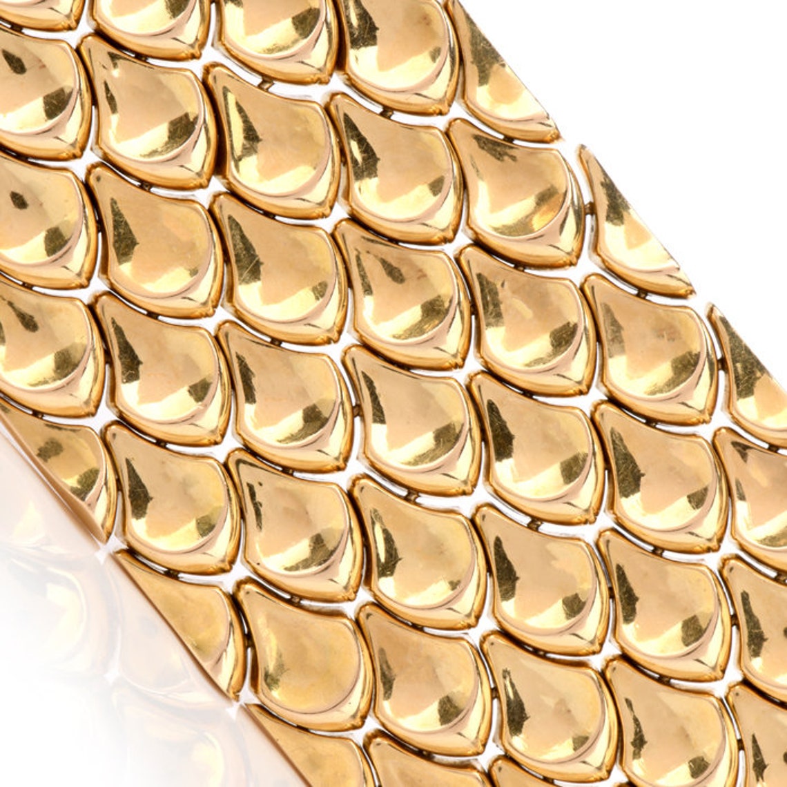 Vintage Retro 18K Yellow Gold Wide Fish Scales Link Bracelet-103.8grams ...