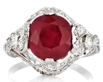 Vintage GIA 4.06 ct Burma Ruby Diamond Platinum Cocktail Ring