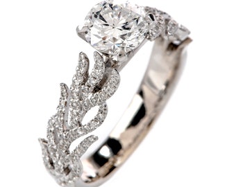 GIA Hidalgo Round Diamond 18K Gold Feather Band Engagement Ring
