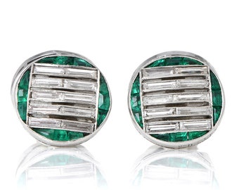 Antique Van Cleef & Arpels Diamond Emerald Platinum Round Tuxedo Cufflinks