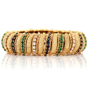 Vintage 6.00ct Diamond, Sapphire & Emerald 18K Gold Shrimp Bracelet