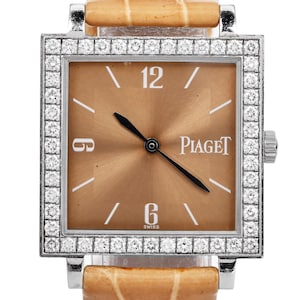 Piaget Altiplano P10131 Watch – 18K White Gold Square Diamond Timepiece with Champagne Dial & Leather Strap