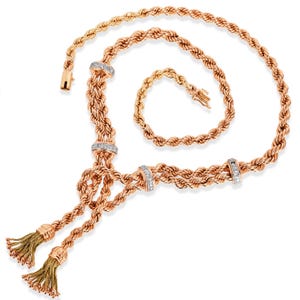Vintage Diamond 18K Yellow Gold Rope Chain Tassel Drop Necklace