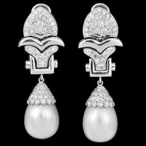 Estate Diamond Platinum Scalloped South Sea Pearl Dangle Drop Earrings