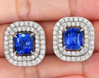 Estate Diamond Vivid Blue Sapphire 18K White Gold Cushion Double Halo Clip On Earrings