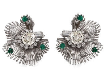 Vintage Diamond Emerald Platinum Starburst Floral Earrings