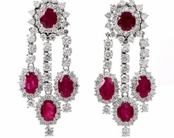 Estate Ruby Diamond 18K Gold Chandelier Dangle Drop Earrings