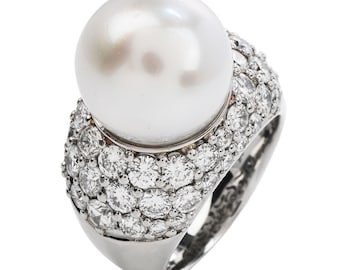 Nachlass South Sea Pearl 3.97ct Diamant Platin Cluster Cocktail Ring