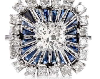 Vintage Diamond Sapphire Square Pinwheel Platinum Cocktail Ring