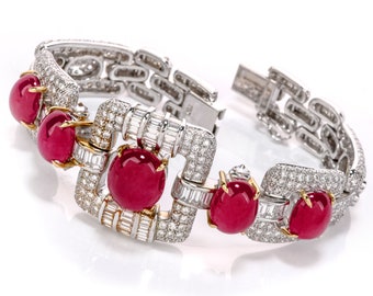 Vintage 1980&#39;s GIA Ruby Diamond 18K Gold Oval Cabochon Bracelet