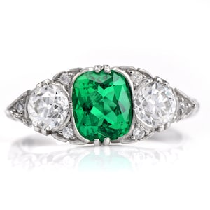 Vintage GIA NO Oil Colombian Emerald Diamond Platinum Ring