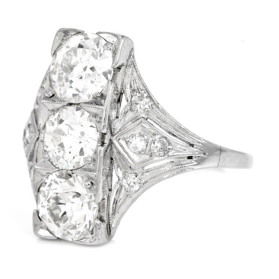 GIA Antique Old European Three Diamond Platinum Th