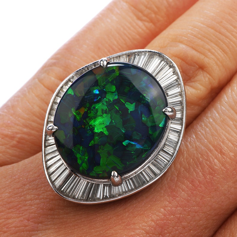 1980s GIA Large Black Opal Diamond Platinum Cocktail Ballerina Ring image 2