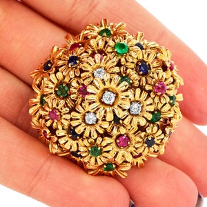 1980s Diamond Ruby Sapphire Emerald 18K Gold Floral Pin Brooch
