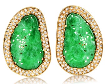 Vintage Jade Diamond Earrings 18K Yellow Gold GIA Certified Carved Jade Clip On Estate Fine Jewelry Statement Earrings