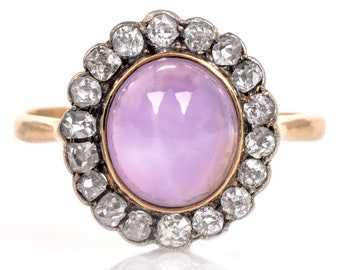 Vintage GIA Star Sapphire 6.00cts Diamant 18K Gold Halo Ring