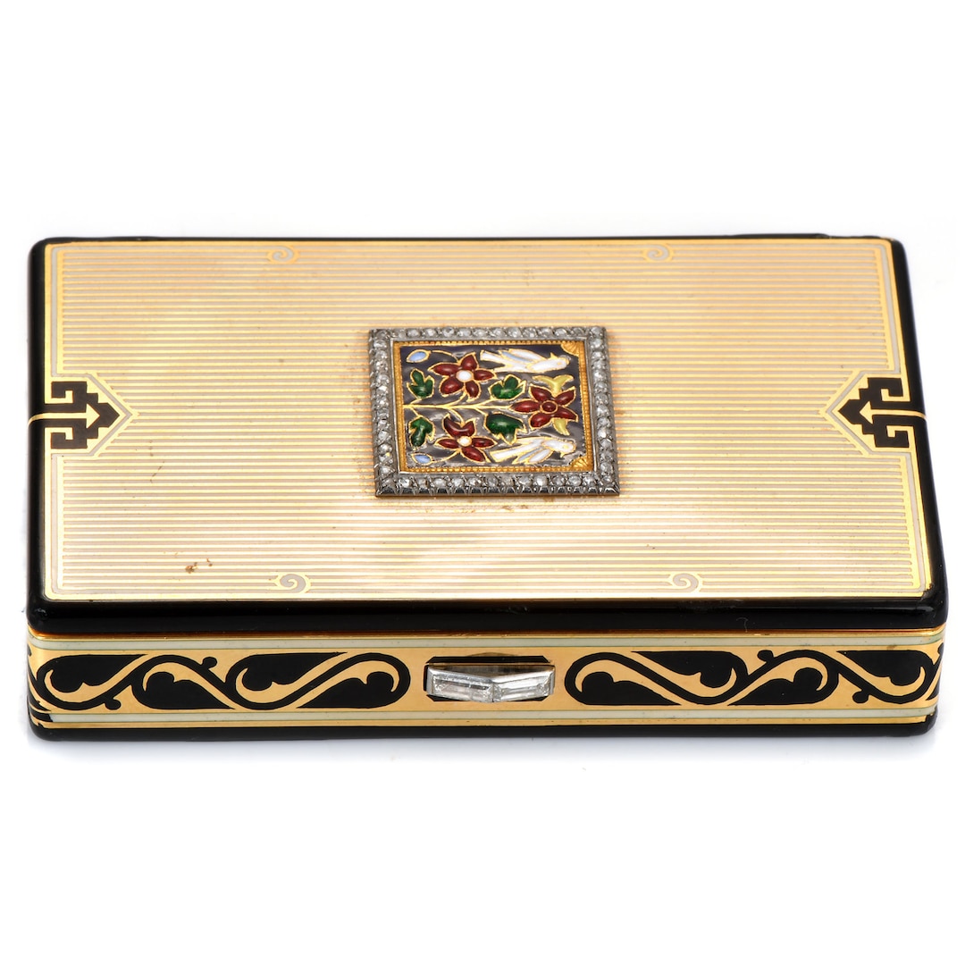 Cartier Vintage Diamond 18k Gold Enamel Compact Box Vanity
