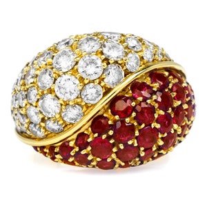 1980s Diamond Ruby 18K Gold Italian Bypass Cluster Dome Cocktail Ring