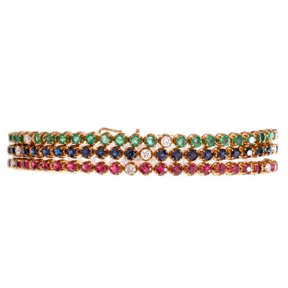 Vintage 3 Strand DIamond Emerald Sapphire Ruby 18… - image 1