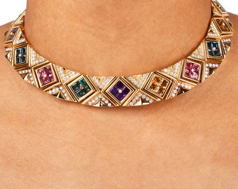 Estate Multi Gemstone Diamond 18K Gold Statement Choker Necklace