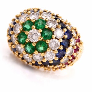 Estate Bombe Multi Gem Diamond Cluster cocktail Gold ring