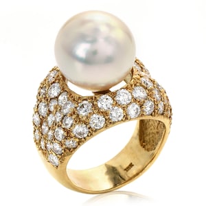 Retro Vintage 5.50ct Diamond South Sea Pearl 18K Yellow Gold Pave Cocktail Ring