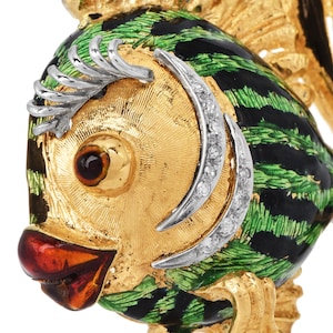 Vintage 18K Gold Fish Brooch | 1980s Green Black Enamel with Diamond Accent | Whimsical Animal Pin | Nautical Ocean Jewelry Gift