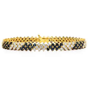 Vintage Retro Diamond Blue Sapphire 18K Yellow Gold Cluster Link Bracelet