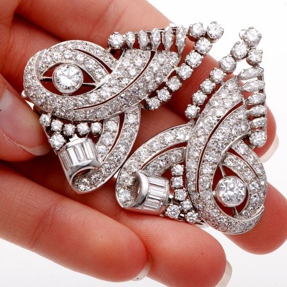 Vintage 16.75cts Diamond Platinum Double Clip Pin Brooch Etsy