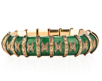 Vintage Snake Green Paillonne Enamel 18k Gold Bracelet