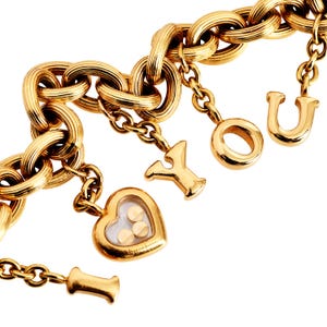 Chopard 'I Love You' Charm Bracelet – 18K Yellow Gold Happy Diamonds Heart with Floating Stones, 7.25"