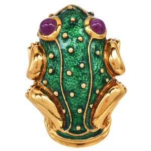 Hidalgo Enamel Frog Brooch | 1990s Ruby Eye 18K Gold Pin | Miami Designer Signed | Green Gold Animal Jewelry | Vintage Gift Idea