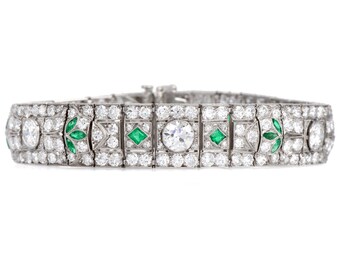 Antique Art Deco Diamond Emerald Filigree Platinum Wide Bracelet
