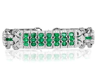 Vintage Emerald Diamond Bracelet 18K White Gold Art Deco Estate Bracelet Geometric Link Luxury Fine Jewelry Gift